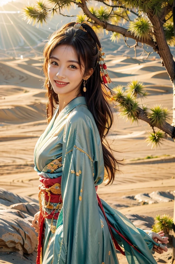 A beautiful smiling woman in a kimono in the sunlit desert