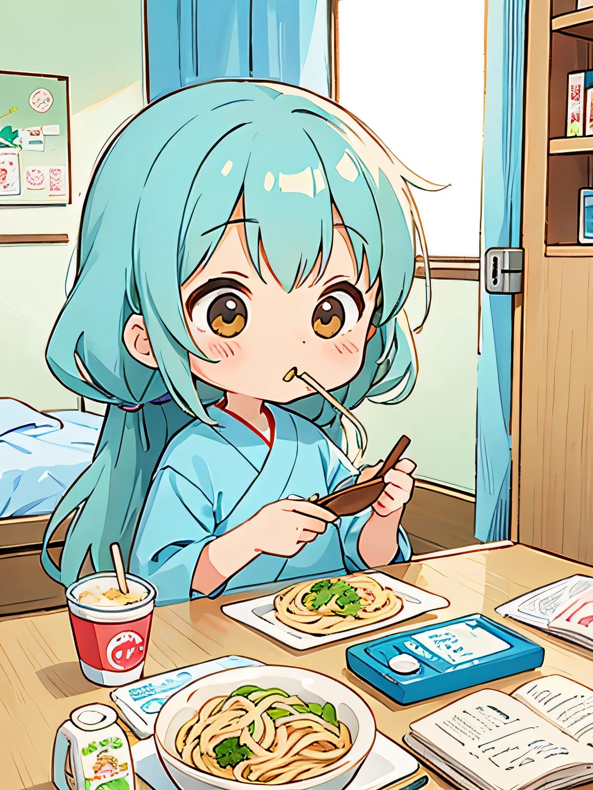 Hayao Miyazaki style、Kawaii Design, The most beautiful girl of all time、chibi, Eating soba noodles, hospital room