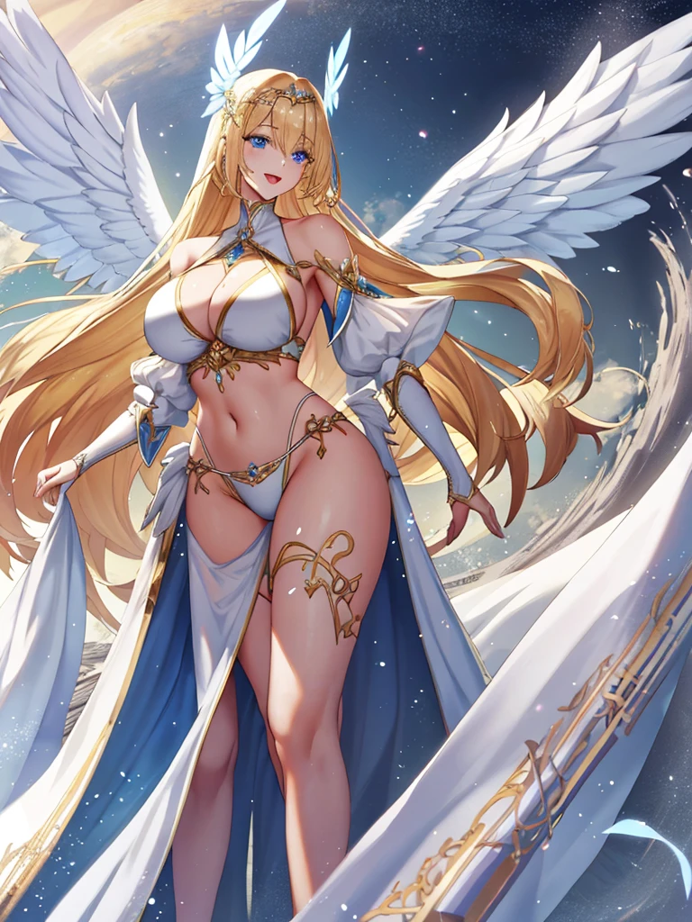 A priestess wearing a white bikini,Valkyrie,Beautiful standing posture、Walking towards me、Healing、Angel Wings,belly button,Complex,Particles of light,Thighs,Shiny skin,Big Mouth、Long legs、Perfect lighting, One adult woman, Open Mouth Smile、(Highest quality), maternal, Porcelain-like skin,Shiny and simple blue eyes、Very long honey blonde straight hair