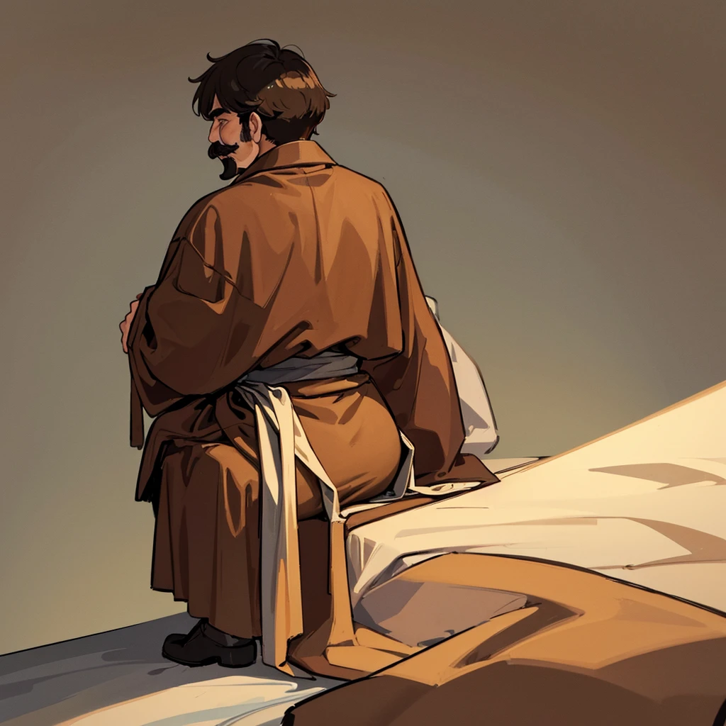 ((((Solo))))、Highest quality, Best Quality,Best illustrationiddle ages、(((Simple brown robe)))、(40-year-old uncle、mature、Kaiser moustache)、(LOL)、fight、From the back、sit