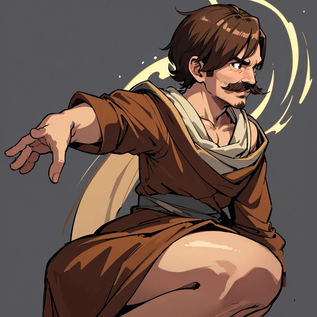 ((((Solo))))、Highest quality, Best Quality,Best illustrationiddle ages、(((Simple brown robe)))、(40-year-old uncle、mature、Kaiser moustache)、(LOL)、fight、From the back、sit