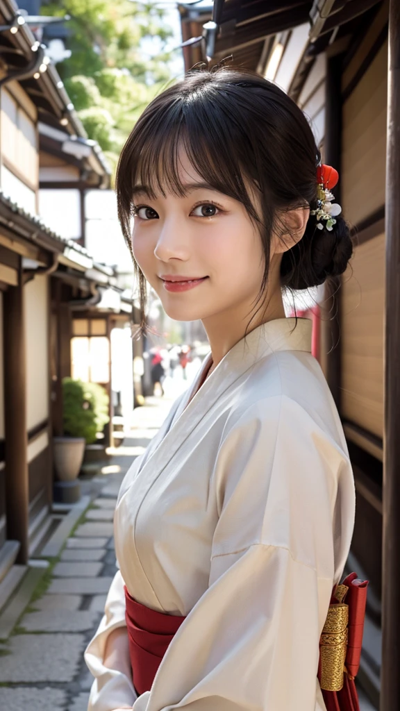 Professional Lighting,(Realistic:1.4), (Top image quality:1.0), (超High resolution:1.0), 8K, Raw photography, (masterpiece:0.2), (Dealing with the Children_v1:0.5)、(highest quality Detail:1.2)、Realistic、8k Ultra HD、High resolution、(1 Girl:1.2)、Super detailed、High quality textures、Complex details、detailed、Very detailed CG、High quality shadows、detailed Beautiful and delicate face、Beautiful details and a delicate eye、(Symmetrical eyes:1.2),Written boundary depth、Ray Tracing,1 Girl, Japanese Girls, (Natural smile:1.4),cute, thin, Portrait of a beautiful Japanese woman in a kimono, Standing elegantly on a street corner in Kyoto. Kimono with vibrant traditional patterns, Hair decorated with elegant and delicate hairpins, Gentle expression. (With the old streets of Kyoto in the background:1.4)、The soft light of a spring afternoon、Adding tranquility to the scene. Rendered in a Realistic style with great attention to detail, High resolution images.Sky Porn, Magic Hour, (Realistic:1.3), finely, quality, (Tabletop:1.2), (Realistic:1.2), (highest quality), (Complex details), dramatic, Ray Tracing, photograph, +roller 、dongshan、Gazing at the Daimonji bonfires、Kyoto at Night