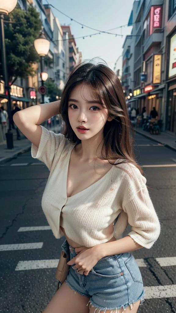 (best quality,16,000,high resolution,masterpiece:1.2),very detailed,(realistic,realistic,realistic:1.37),Korean Fashion Beauty,Japanese and Korean beauties,cute and sexy,Eyes and face are detailed,beautiful and delicate lips,white teeth,long eyelashes,slime,The clothes are fashionable,shorts short skirts,exposed chest,plump upper circumference,big bust,split,(Beloved,attractive:1.1),colorful street background,stylish clothes and accessories,The texture of the clothes is soft,portrait style photography,vivid colors,Street lamp.