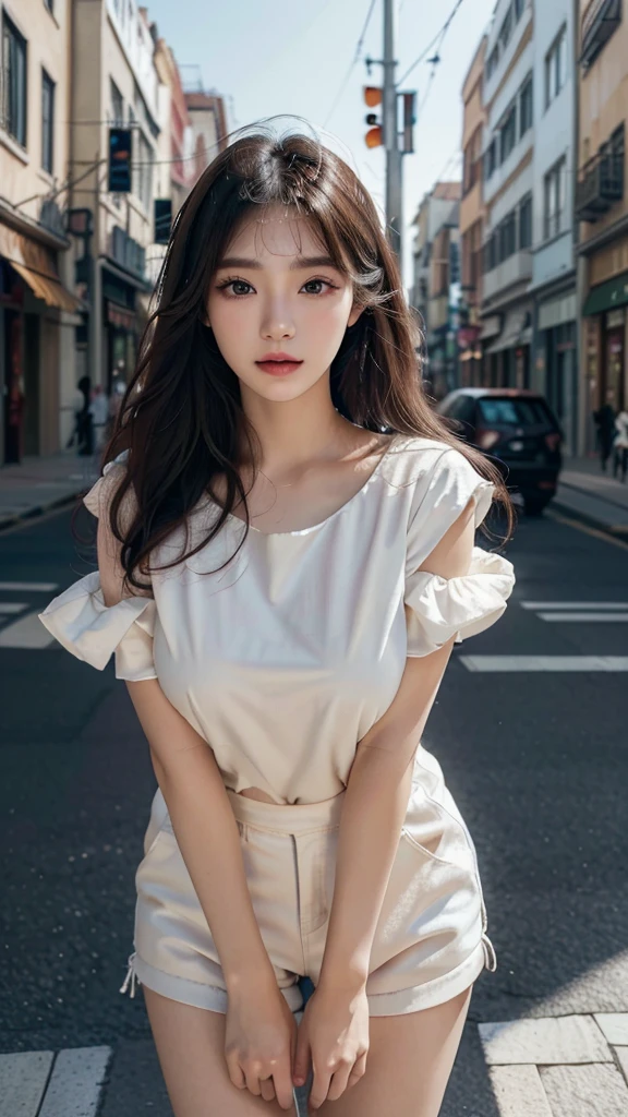 (best quality,16,000,high resolution,masterpiece:1.2),very detailed,(realistic,realistic,realistic:1.37),Korean Fashion Beauty,Japanese and Korean beauties,cute and sexy,Eyes and face are detailed,beautiful and delicate lips,white teeth,long eyelashes,slime,The clothes are fashionable,shorts short skirts,exposed chest,plump upper circumference,big bust,split,(Beloved,attractive:1.1),colorful street background,stylish clothes and accessories,The texture of the clothes is soft,portrait style photography,vivid colors,Street lamp.