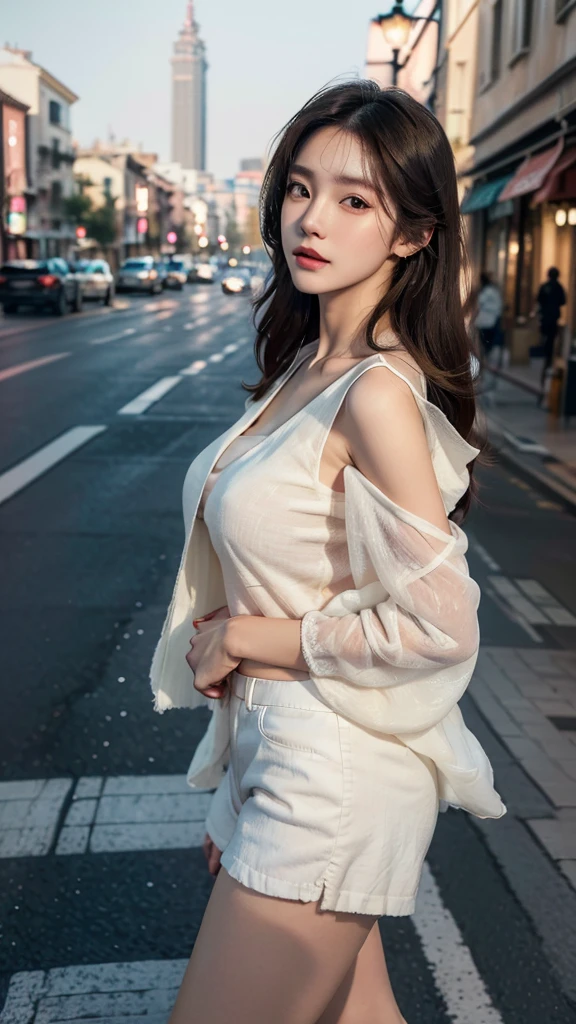 (best quality,16,000,high resolution,masterpiece:1.2),very detailed,(realistic,realistic,realistic:1.37),Korean Fashion Beauty,Japanese and Korean beauties,cute and sexy,Eyes and face are detailed,beautiful and delicate lips,white teeth,long eyelashes,slime,The clothes are fashionable,shorts short skirts,exposed chest,plump upper circumference,big bust,split,(Beloved,attractive:1.1),colorful street background,stylish clothes and accessories,The texture of the clothes is soft,portrait style photography,vivid colors,Street lamp.