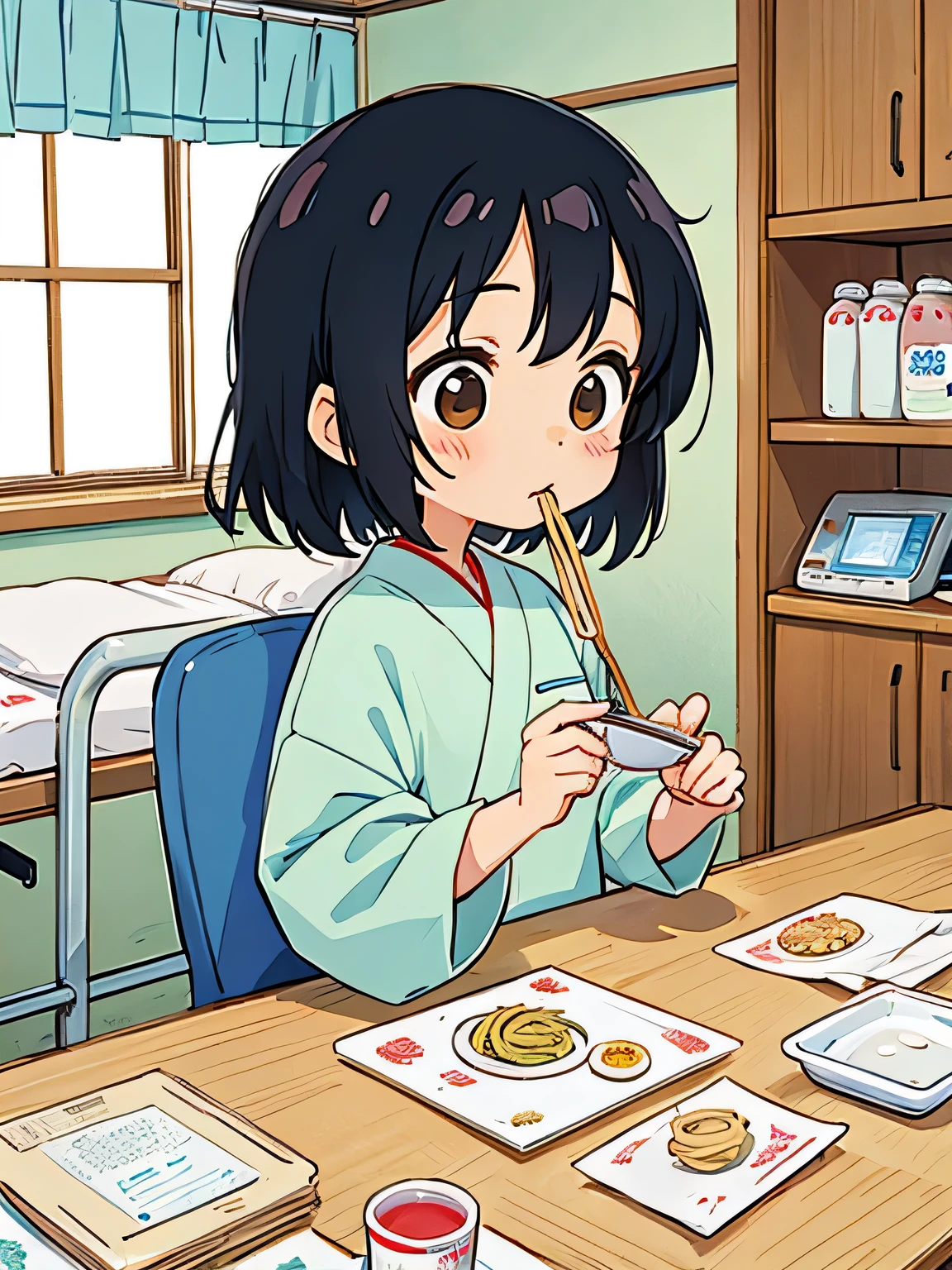 Hayao Miyazaki style、Kawaii Design, The most beautiful girl of all time、chibi, Eating soba noodles, hospital room