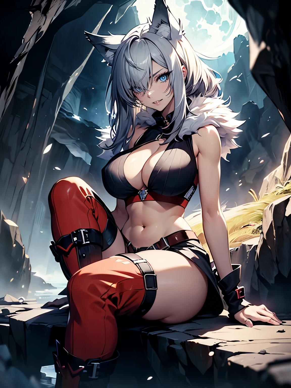 ((Seductive Anime lady:1.3, solo:1.5))、((fusion of wolf and lady:1.4))、((sitting cross-legged on the big rock))、((gray color, fur and lather clothes))、((fur boots))、((dynamism angle))、((wild:1.3))、((Being in cave:1.3)), ((fullmoon night))、((slant eyes))、erect nipples、((open clothes:1.2))、((crop top navel:1.2))、(huge breasts:1.2))、((cleavage))、((highleg))、((sleeveless:1.2))、abdominal muscle、Glossy realistic skin texture、shiny skin、masterpiece, ultra-detailliert, 8k, hiquality, Top image quality, Smooth texture、watercolor