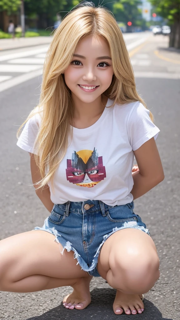 Best Pixels、Highest quality、Highest quality、masterpiece、blonde、Long Hair、summer、date、Denim shorts、sexy、sexy、teeth、T-Shirts、smile、Beautiful feet、Big eyes、Panty shot、Genuine、Crouching posture