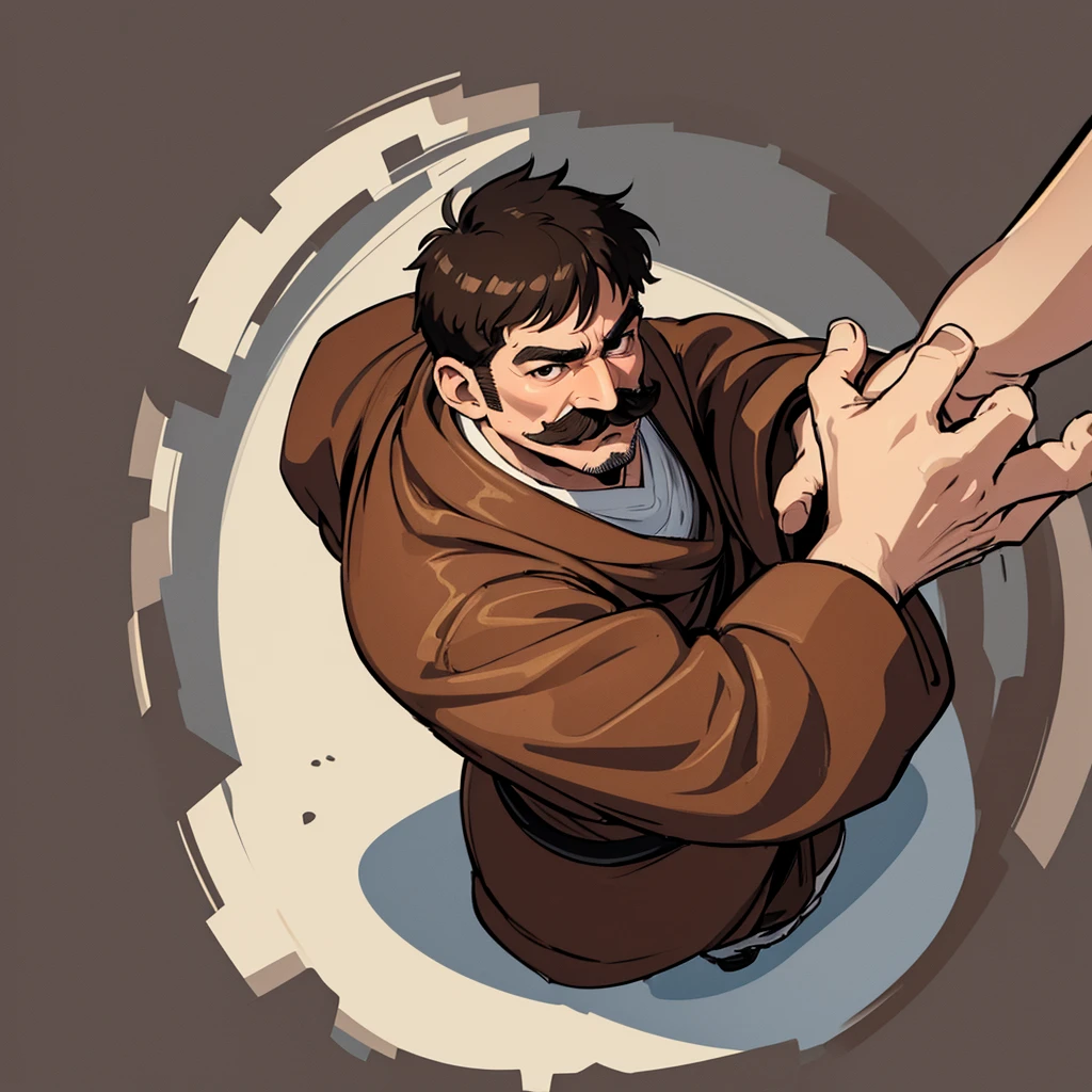 ((((Solo))))、Highest quality, Best Quality,Best illustrationiddle ages、(((Simple brown robe)))、(40-year-old uncle、mature、Kaiser moustache)、(LOL)、fight、(From above at an angle)、sit
