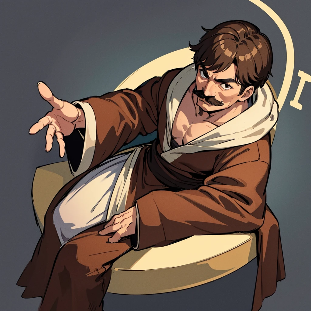 ((((Solo))))、Highest quality, Best Quality,Best illustrationiddle ages、(((Simple brown robe)))、(40-year-old uncle、mature、Kaiser moustache)、(LOL)、fight、(From above at an angle)、sit