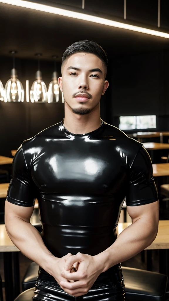 Tony Labrusca, young people, Latex, black t-shirt, studio, matures,Portrait, man, A serious masterpiece, model  , Wide yard, tables, chairs, restaurant