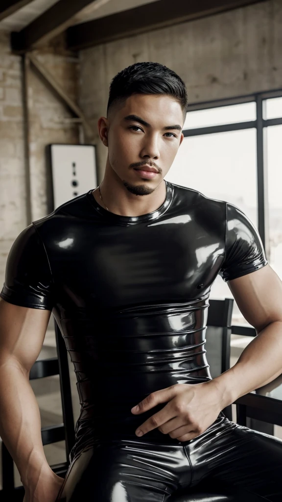 Tony Labrusca, young people, Latex, black t-shirt, studio, matures,Portrait, man, A serious masterpiece, model , Wide yard, tables, chairs, restaurant