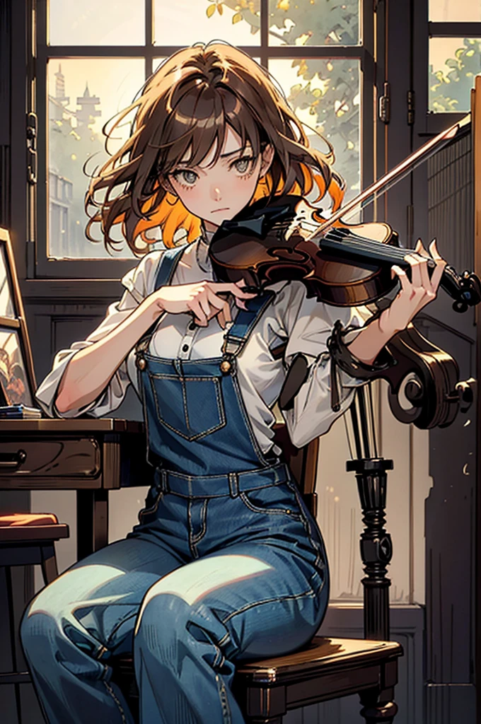 An anime girl, masterpiece, ultra detailed, 4K, 8K, with a balanced composition of the character and background. No text in the image. Ensure normal human anatomy and fingers. A beautiful anime girl with some mechanical parts sits in a German violin workshop. She has shiny, deep dark brown short hair with tight waves, large amber eyes, and long lashes. Wearing denim overalls, she is focused on restring the E string of a violin with a serious expression. The workshop features various string instruments, wooden tables, and chairs. Soft orange sunset light filters through the windows, creating a warm glow. The style is watercolor-inspired with influences from Alphonse Mucha's art.