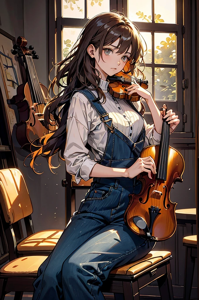 An anime girl, masterpiece, ultra detailed, 4K, 8K, with a balanced composition of the character and background. No text in the image. Ensure normal human anatomy and fingers. A beautiful anime girl with some mechanical parts sits in a German violin workshop. She has shiny, deep dark brown short hair with tight waves, large amber eyes, and long lashes. Wearing denim overalls, she is focused on restring the E string of a violin with a serious expression. The workshop features various string instruments, wooden tables, and chairs. Soft orange sunset light filters through the windows, creating a warm glow. The style is watercolor-inspired with influences from Alphonse Mucha's art.
