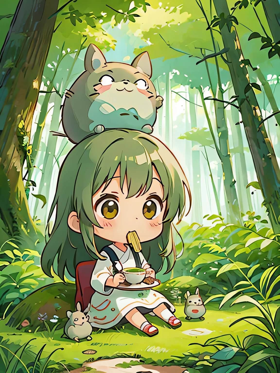 Hayao Miyazaki style、Kawaii Design, The most beautiful girl of all time、chibi, Eating soba noodles, Totoro Forest