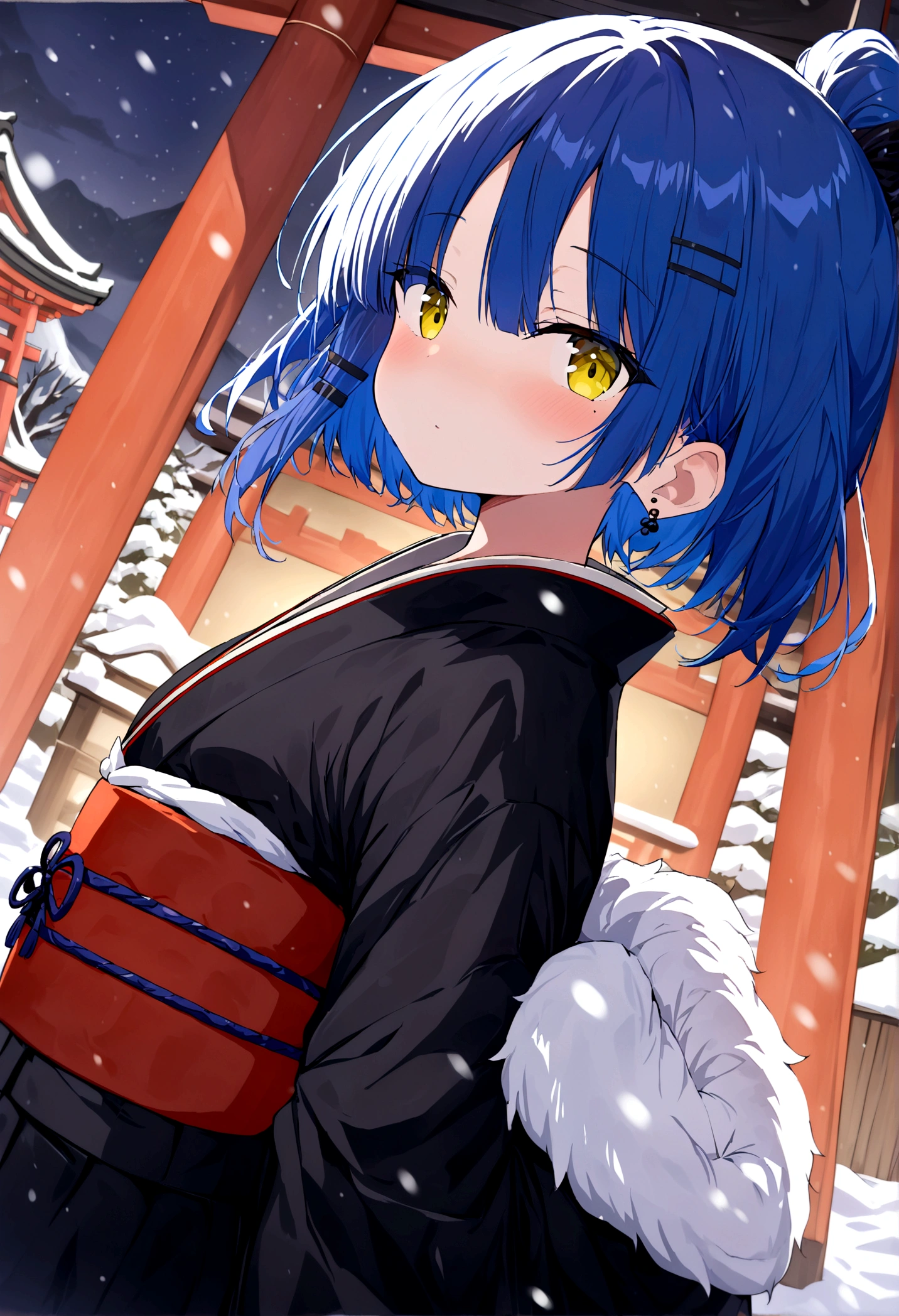 (best quality, highres, masterpiece : 1.4), (flatten art : 0.8), masterpiece, (best quality), 1girl (onee-san vibe) , anime, deep blue hair hair, 2 black hair clip, black pin earring, fair skin, faint yelllow eyes, small sized breast, no expression, (detailed face), (black furisode, fur, warm, intricate red motif), close-up, night, snow, snowfall, alluring, dynamic angle, eyes to the viewer, (background: Japanese shrine, far mountain range) 