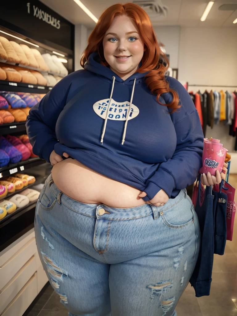 A happy photo of a young cute redhead bbw with long wavy ginger hair, huge soft fat belly, wide fat obese hips, thick fat legs and fat arms, cute pretty face, small breasts, blue eyes, freckles, in a cute simple tight blue hoodie with, and long ripped jeans trousers, shopping new hoodies in a clothes shop