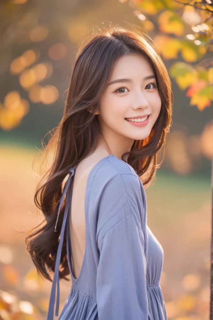 8K Super Resolution、Beauty、One Lady、Dark Brown Hair:1.1、Ultra-detailed face、Detailed lips、important、(Eyes meet)、double eyelid、Princess Eyes、 Beautiful Japanese Woman、Beautiful Japanese Woman、 Sensual lips、Bewitching body、Bust size 82、8th class、Standing in a provocative pose facing forward with a well-balanced, natural body、Girlfriend in her 20s、(28 years old)、far and near method、Smile with a beautiful smile、 (Wearing a stylish lightweight dress)、Hair blowing in the wind、Meaningful(The number and shape of fingers are small)、Clear images、The sparkle of tiny eyes、Fine autumn leaves dyed red、color々Hair style、
