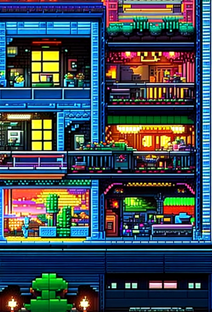 pixel art, ultra-detailed,vivid colors,sunset lighting,masterpiece:1.2,medium,detailed pixelated characters,dynamic backgrounds,colorful landscapes,retro gaming,80s vibes,lively cityscape,varied architectural signs,reflection effects,flawless pixelation,meticulously crafted sprites,smooth animations,immersive storytelling,endless possibilities