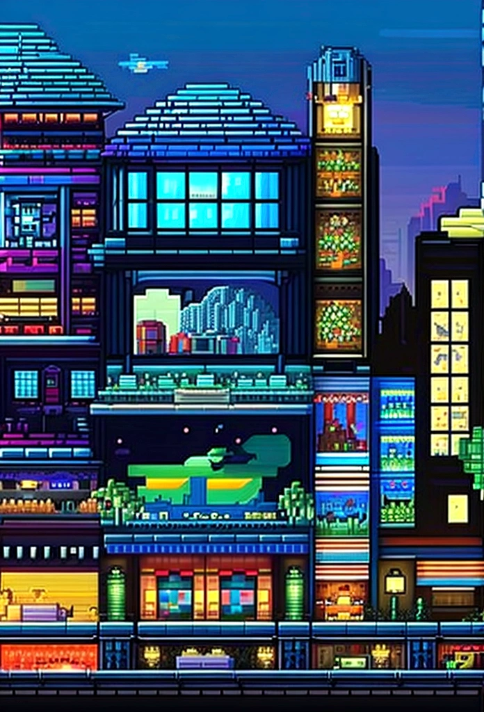 pixel art, ultra-detailed,vivid colors,sunset lighting,masterpiece:1.2,medium,detailed pixelated characters,dynamic backgrounds,colorful landscapes,retro gaming,80s vibes,lively cityscape,varied architectural signs,reflection effects,flawless pixelation,meticulously crafted sprites,smooth animations,immersive storytelling,endless possibilities