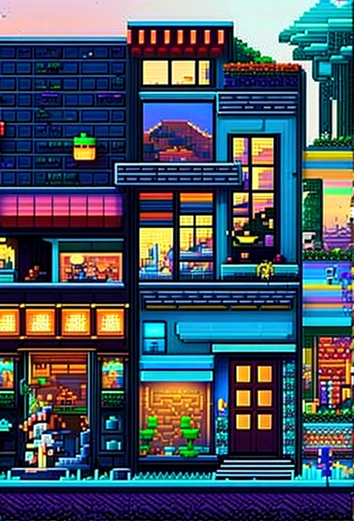 pixel art, ultra-detailed,vivid colors,sunset lighting,masterpiece:1.2,medium,detailed pixelated characters,dynamic backgrounds,colorful landscapes,retro gaming,80s vibes,lively cityscape,varied architectural signs,reflection effects,flawless pixelation,meticulously crafted sprites,smooth animations,immersive storytelling,endless possibilities