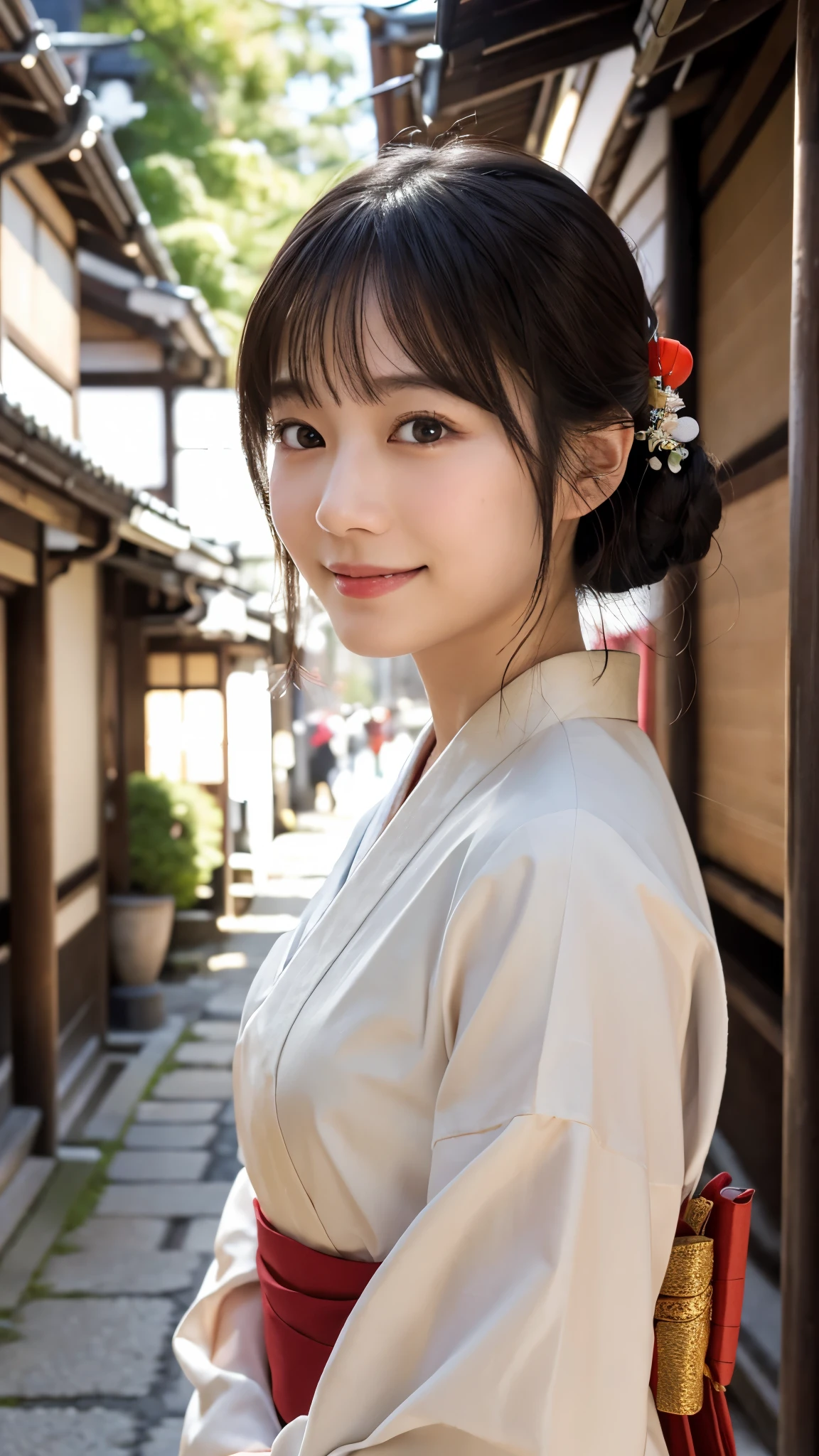 Professional Lighting,(Realistic:1.4), (Top image quality:1.0), (超High resolution:1.0), 8K, Raw photography, (masterpiece:0.2), (Dealing with the Children_v1:0.5)、(highest quality Detail:1.2)、Realistic、8k Ultra HD、High resolution、(1 Girl:1.2)、Super detailed、High quality textures、Complex details、detailed、Very detailed CG、High quality shadows、detailed Beautiful and delicate face、Beautiful details and a delicate eye、(Symmetrical eyes:1.2),Written boundary depth、Ray Tracing,1 Girl, Japanese Girls, (Natural smile:1.4),cute, thin, Portrait of a beautiful Japanese woman in a kimono, Standing elegantly on a street corner in Kyoto. Kimono with vibrant traditional patterns, Hair decorated with elegant and delicate hairpins, Gentle expression. (With the old streets of Kyoto in the background:1.4)、The soft light of a spring afternoon、Adding tranquility to the scene. Rendered in a Realistic style with great attention to detail, High resolution images.Sky Porn, Magic Hour, (Realistic:1.3), finely, quality, (Tabletop:1.2), (Realistic:1.2), (highest quality), (Complex details), dramatic, Ray Tracing, photograph, +roller 、dongshan、Gazing at the Daimonji bonfires、Kyoto at Night