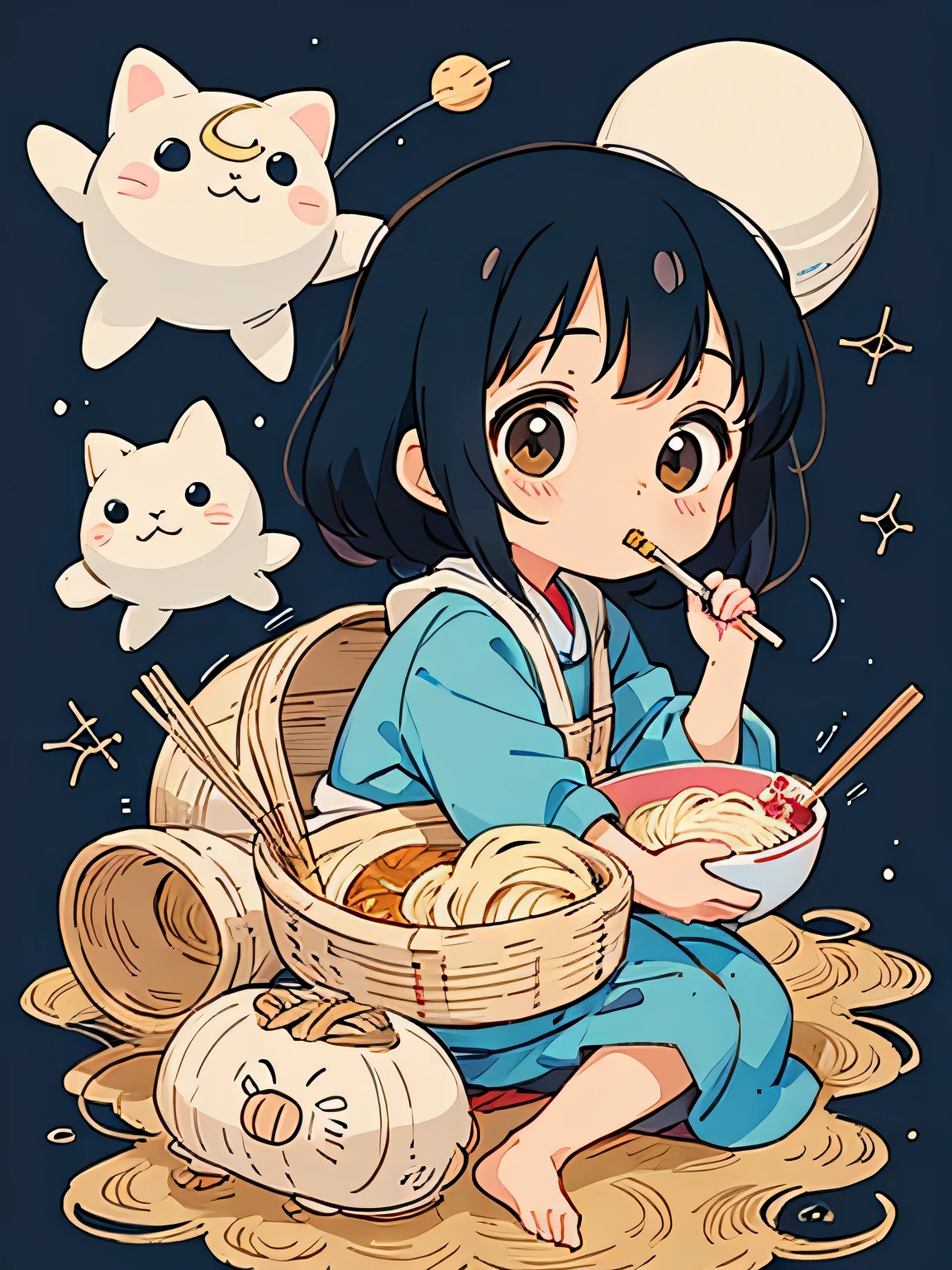 Hayao Miyazaki style、Kawaii Design, The most beautiful girl of all time、chibi, Eating soba noodles, The background is space