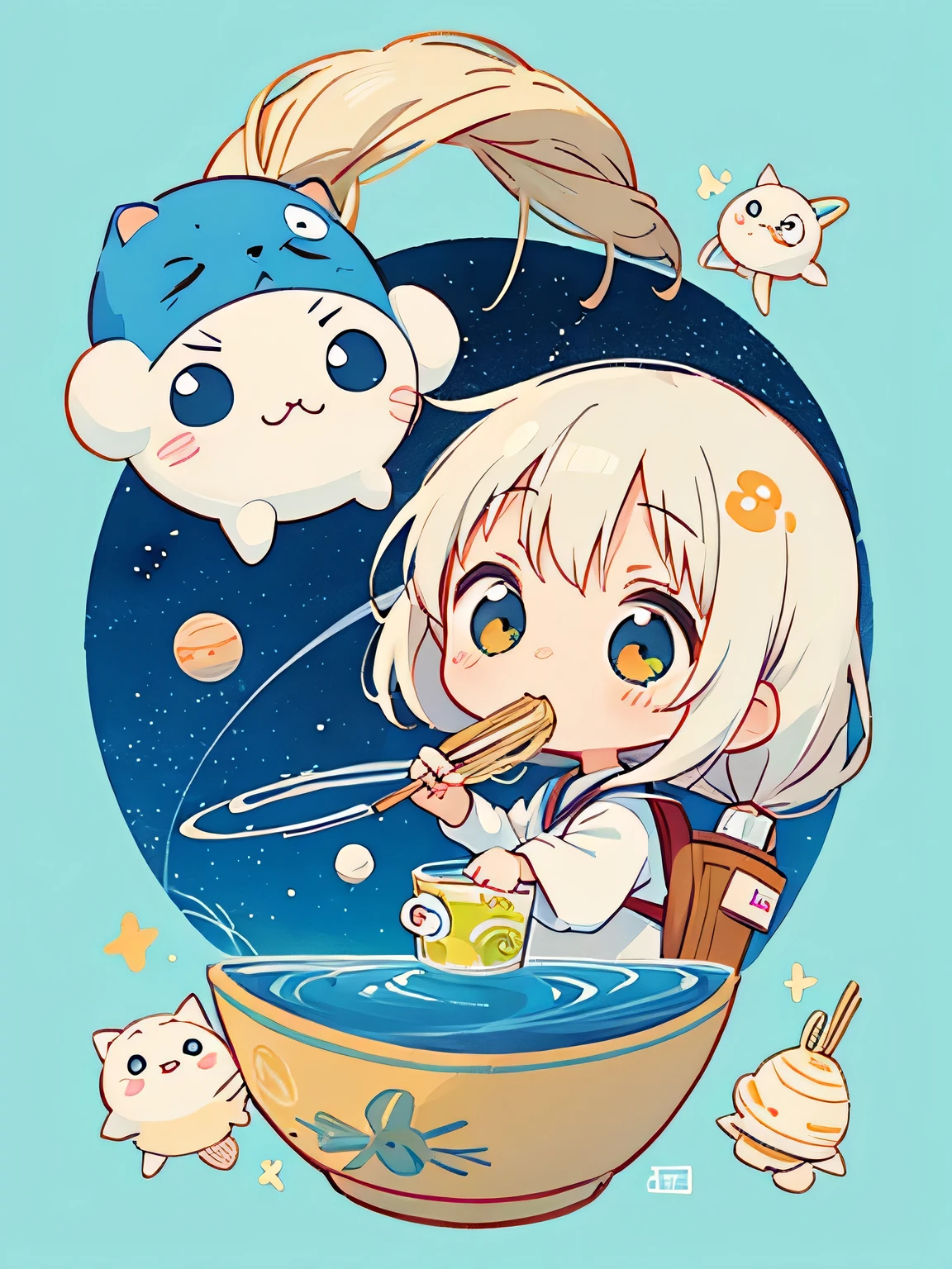 Hayao Miyazaki style、Kawaii Design, The most beautiful girl of all time、chibi, Eating soba noodles, The background is space