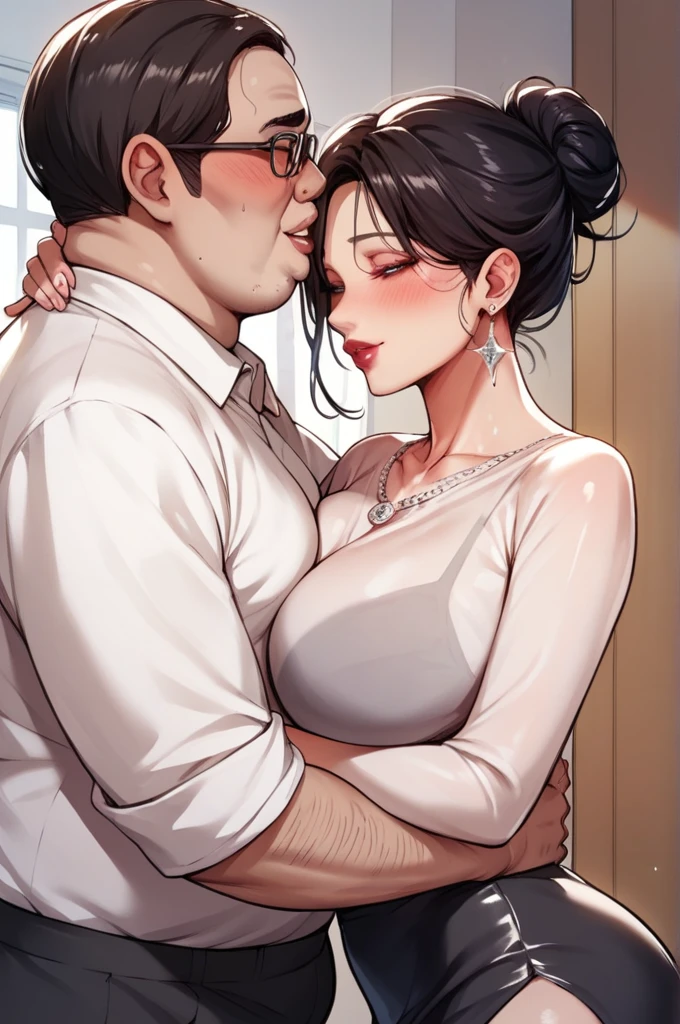 Hot sexy beautiful cute milf hugging with ugly fat old man in office cabin ,brown see through t shirt,black pencil skirt, silver chandelier earrings,big breasts, lipstick,makeup, black hair bun,two falling hair strands,blush,short hair