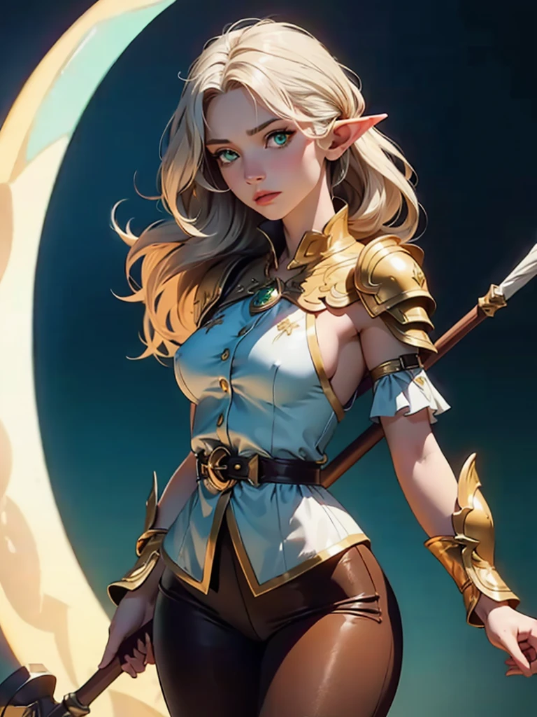 (SFW:1.5). Generate an image of a female half-elf cleric named Liralyn. She stands at 5'4”with a slender yet curvaceous build, with long, wavy golden hair that reaches her mid-back and piercing emerald green eyes. She has delicate elven features, including high cheekbones, small pointed ears, huge breasts, and a small, button nose. She wears a suit of leather armor, with a white tabard emblazoned with the holy symbol of Selûne, the goddess of the moon. Beneath her armor, she wears a simple white undershirt and tan leggings. She carries a wooden quarterstaff adorned with silver inlay and a small pouch containing healing potions and spiritual tokens. Her expression is serious, yet compassionate, reflecting her commitment to her religious duties and her dedication to helping others. No bra . sultry look, seductive,
