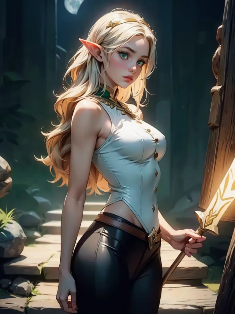 (SFW:1.5). Generate an image of a female half-elf cleric named Liralyn. She stands at 5'4”with a slender yet curvaceous build, with long, wavy golden hair that reaches her mid-back and piercing emerald green eyes. She has delicate elven features, including high cheekbones, small pointed ears, huge breasts, and a small, button nose. She wears a suit of leather armor, with a white tabard emblazoned with the holy symbol of Selûne, the goddess of the moon. Beneath her armor, she wears a simple white undershirt and tan leggings. She carries a wooden quarterstaff adorned with silver inlay and a small pouch containing healing potions and spiritual tokens. Her expression is serious, yet compassionate, reflecting her commitment to her religious duties and her dedication to helping others. No bra . sultry look, seductive,
