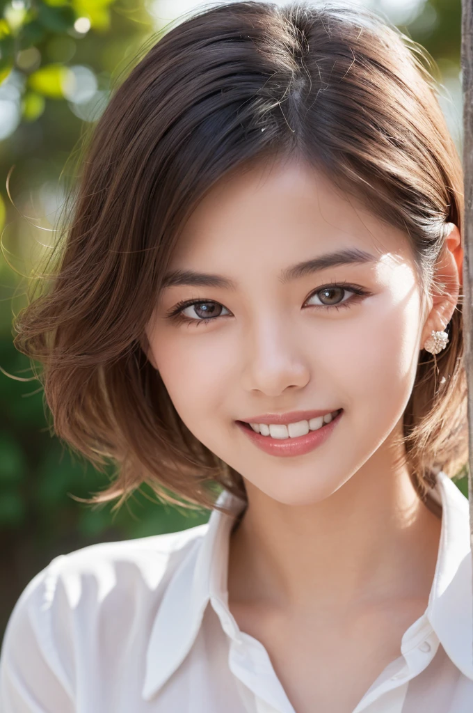 (In 8K, Highest quality, Tabletop, Ultra-high resolution, High quality face:1.5), (Very detailed), Looking into the camera, (18-year-old girl:1.3),(Photorealistic:1.4) (Heart-Pounding Close-Ups:1.6), 1 beautiful girl, White skin, (とてもWhite skin, Glittering Skin:1.4), Pin Spot Light, (Beautiful Eyes, Light in your eyes), Shiny, Hair that makes you want to touch it, Squint your eyes and laugh, Dazzling Smile, de luz, cute, refreshing, Natural Hair, ((Beautiful woman in a white shirt)), Super low-rise, 8 Life-size, Accuracy, Soft hips, (Japanese),Portraiture, Lightweight texture