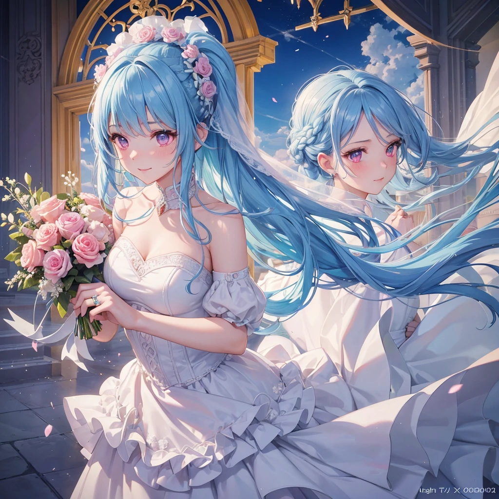 Sky blue hair, (Braided Ponytail),(Pink Eyes),Fair skin ,(whole body),(One girl),bride,A big smile,Straight bangs, 6月のbride,Wedding dress,(masterpiece, Highest quality, Very detailed, Best Shadow), (Detailed Background), (Beautifully detailed face), High Contrast, (Best lighting, Very delicate and beautiful), ((Cinematic Light)), colorful, Hyper Detail, Dramatic Light, Intricate details,Chapel background,Bouquet of roses,Ring on left ring finger,