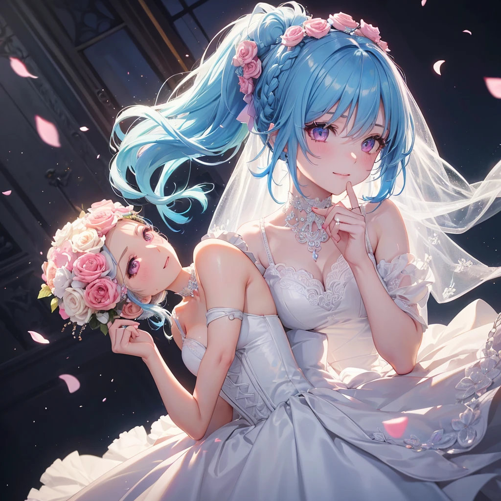 Sky blue hair, (Braided Ponytail),(Pink Eyes),Fair skin ,(whole body),(One girl),bride,A big smile,Straight bangs, 6月のbride,Wedding dress,(masterpiece, Highest quality, Very detailed, Best Shadow), (Detailed Background), (Beautifully detailed face), High Contrast, (Best lighting, Very delicate and beautiful), ((Cinematic Light)), colorful, Hyper Detail, Dramatic Light, Intricate details,Chapel background,Bouquet of roses,Ring on left ring finger,