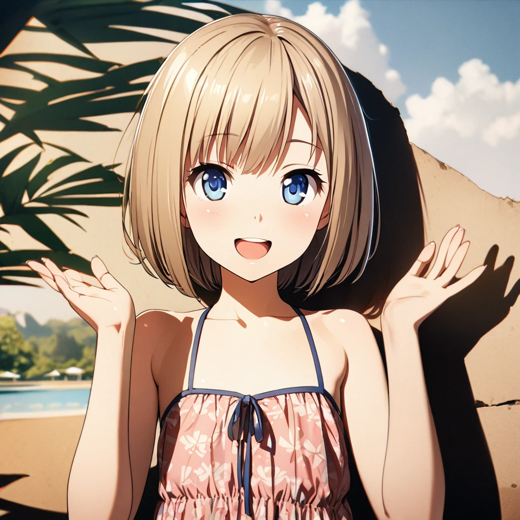 1 girl, 18yo, (flat chest: 1.5), blue eyes, light brown hair, bob cut, early summer outfit, smiling, open mouth, posing, having fun, upper body, simple background, 8k, RAW photo, best quality, masterpiece, extremely detailed 8k wallpaper, ultra-detailed, best shadow, detailed background, beautiful detailed face, beautiful detailed eyes, nice hands, perfect hands