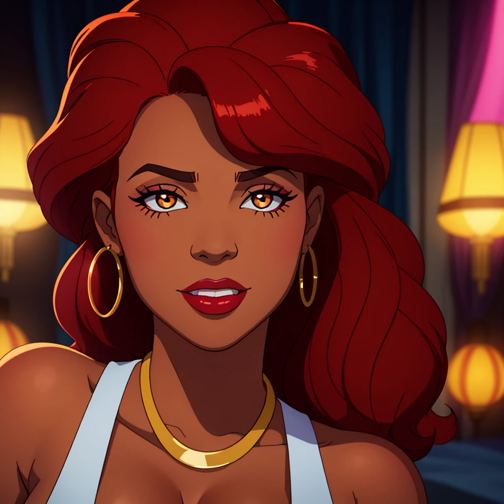 Create a close-up face portrait of a fictional 1970s African-American female R&B superstar named Ruby Roux. She has vibrant red curly hair, expressive brown eyes, and a radiant smile. Ruby wears bold makeup typical of the 1970s, including dramatic eyeliner and red lipstick. She is adorned with large hoop earrings and a glittery outfit that reflects the flashy style of the era. The background should feature a blurred colorful stage with vintage lights, adding to the retro and glamorous atmosphere. cinematic action, cinematic lighting, backlighting, masterpiece, anatomically correct, textured skin, super detail, 8k atmospheric perspective, depth of field,