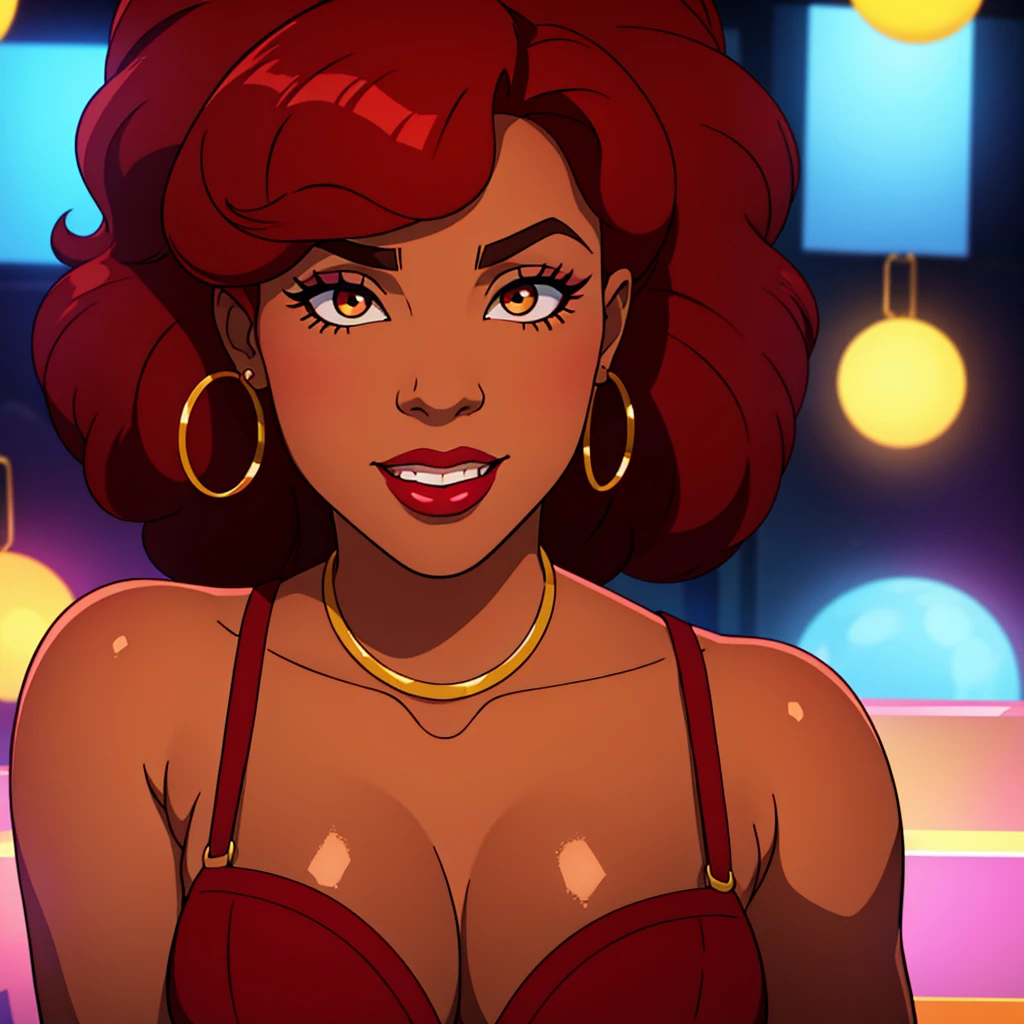 Create a close-up face portrait of a fictional 1970s African-American female R&B superstar named Ruby Roux. She has vibrant red curly hair, expressive brown eyes, and a radiant smile. Ruby wears bold makeup typical of the 1970s, including dramatic eyeliner and red lipstick. She is adorned with large hoop earrings and a glittery outfit that reflects the flashy style of the era. The background should feature a blurred colorful stage with vintage lights, adding to the retro and glamorous atmosphere. cinematic action, cinematic lighting, backlighting, masterpiece, anatomically correct, textured skin, super detail, 8k atmospheric perspective, depth of field,