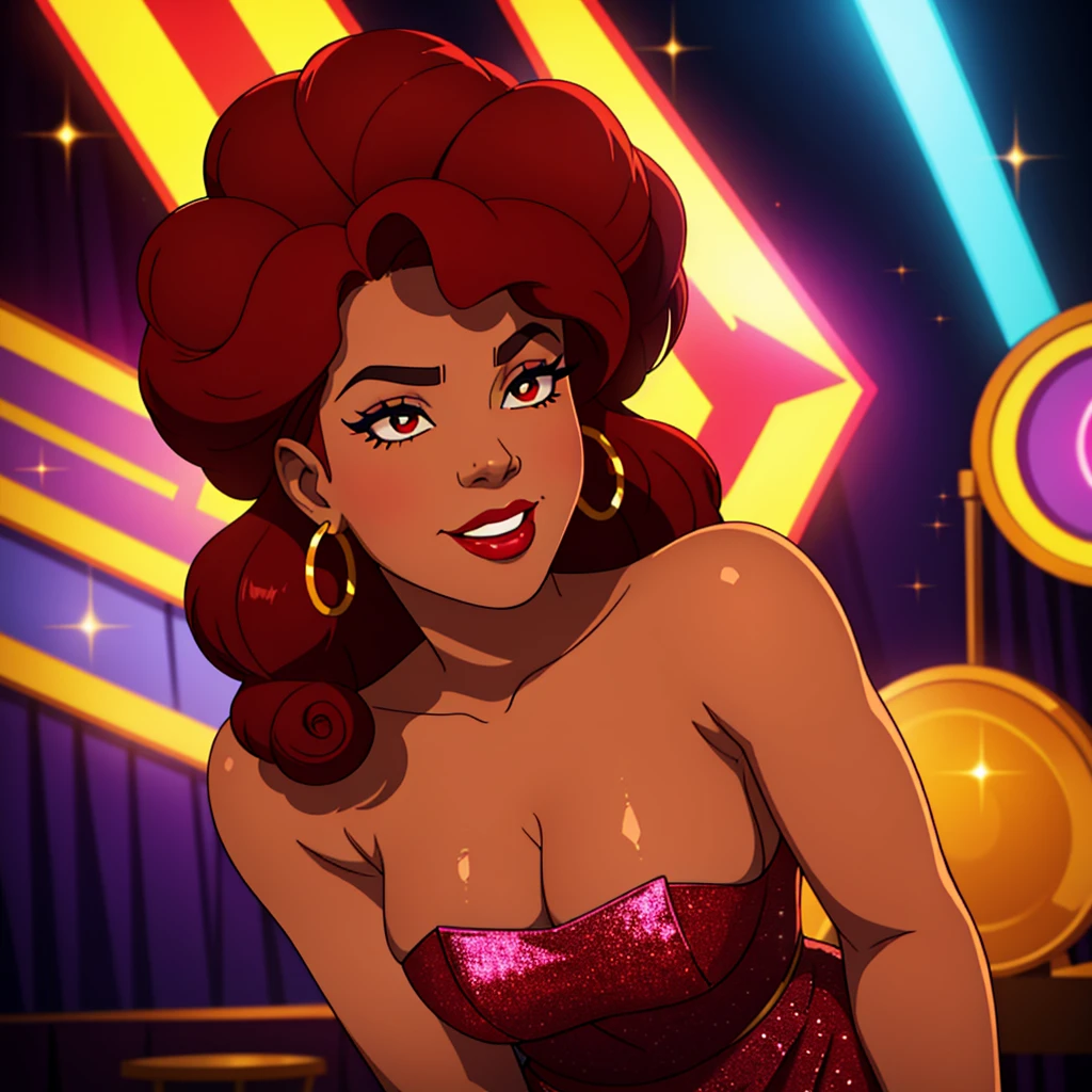 Create a close-up face portrait of a fictional 1970s African-American female R&B superstar named Ruby Roux. She has vibrant red curly hair, expressive brown eyes, and a radiant smile. Ruby wears bold makeup typical of the 1970s, including dramatic eyeliner and red lipstick. She is adorned with large hoop earrings and a glittery outfit that reflects the flashy style of the era. The background should feature a blurred colorful stage with vintage lights, adding to the retro and glamorous atmosphere. cinematic action, cinematic lighting, backlighting, masterpiece, anatomically correct, textured skin, super detail, 8k atmospheric perspective, depth of field,