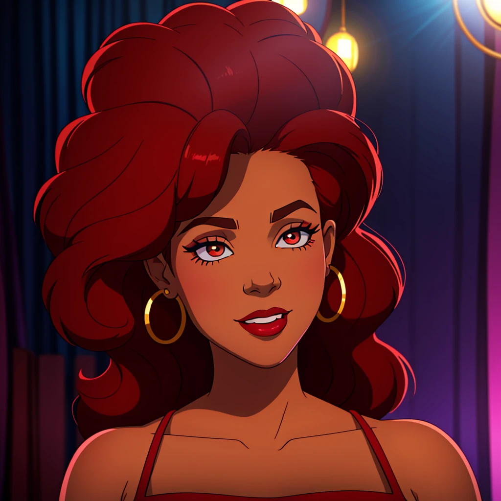 Create a close-up face portrait of a fictional 1970s African-American female R&B superstar named Ruby Roux. She has vibrant red curly hair, expressive brown eyes, and a radiant smile. Ruby wears bold makeup typical of the 1970s, including dramatic eyeliner and red lipstick. She is adorned with large hoop earrings and a glittery outfit that reflects the flashy style of the era. The background should feature a blurred colorful stage with vintage lights, adding to the retro and glamorous atmosphere. cinematic action, cinematic lighting, backlighting, masterpiece, anatomically correct, textured skin, super detail, 8k atmospheric perspective, depth of field,