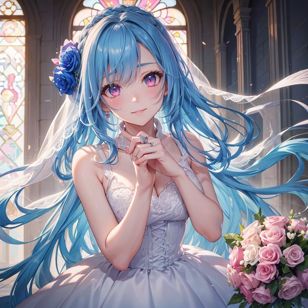 masterpiece, best quality, extremely detailed, (illustration, official art:1.1), 1 girl ,(((( light blue long hair)))), light blue hair, ,, long hair ((blush)) , cute face, big eyes, masterpiece, best quality,(((((a very delicate and beautiful girl))))),Amazing,beautiful detailed eyes,blunt bangs((((little delicate girl)))),tareme(true beautiful:1.2), sense of depth,dynamic angle,affectionate smile, (true beautiful:1.2),,(tiny 1girl model:1.2),(flat chest)), 
Soft Focus , (Bright gradient watercolor :1.5, Lens Flare:1.5 , Glitter :1.5), Glow , Dreamy Grid illusion, Colorful, girl、((extremely detailed eye:1.5)),ace Zoom:1.5,,(((​masterpiece、top-quality、top-quality、watercolor paiting)))(Curly)、Official art、Beautifully Aesthetic:1.2)、,(Fractal Art:1.3)、(1 solo girl), inside the church infront of church pulpit, (loli housewi, small girl, fudy, depth of view,  and short figure girl, cute and , perfect woman, mature aura:1.5), (masterpiece, best quality, HD Pictures, 4K:1.1), 1girl, solo, outdoor, very long hair, bangs, gentle look, gentle smile, gentle eyes, mature looking, pinkish cheeks, very detailed eyes, very detailed pupils,  detailed face, detailed ruby red eyes, full body, look up to viewer,(happy gentle face, warm smile, wearing wedding dress, voluminous wedding skirt, transparent wedding veil, floral head accessories, blushing red cheeks:1.3), (gentle smile and gentle look towarda viewer, both arms opened reaching for viewer:1.4)