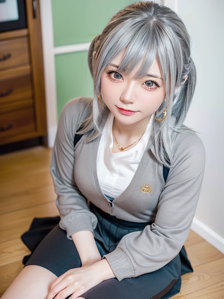 8K, RAW Photos, Fujifilm, Beautiful 20 year old woman style photo, (((Gray Hair:1.3,美しいGray Hairのストレートヘアー、シルキーなGray Hair)))、(((Anime Cosplay:1.5、sexyな服))) Gold earrings, (Highly detailed skin: 1.2), Light medium brown hair, Film Grain, 35mm, Cute Style、(((Sitting 1.5)))、Selfie、Spread your legs、sexy、??????、Upward glance、Top View、skirt