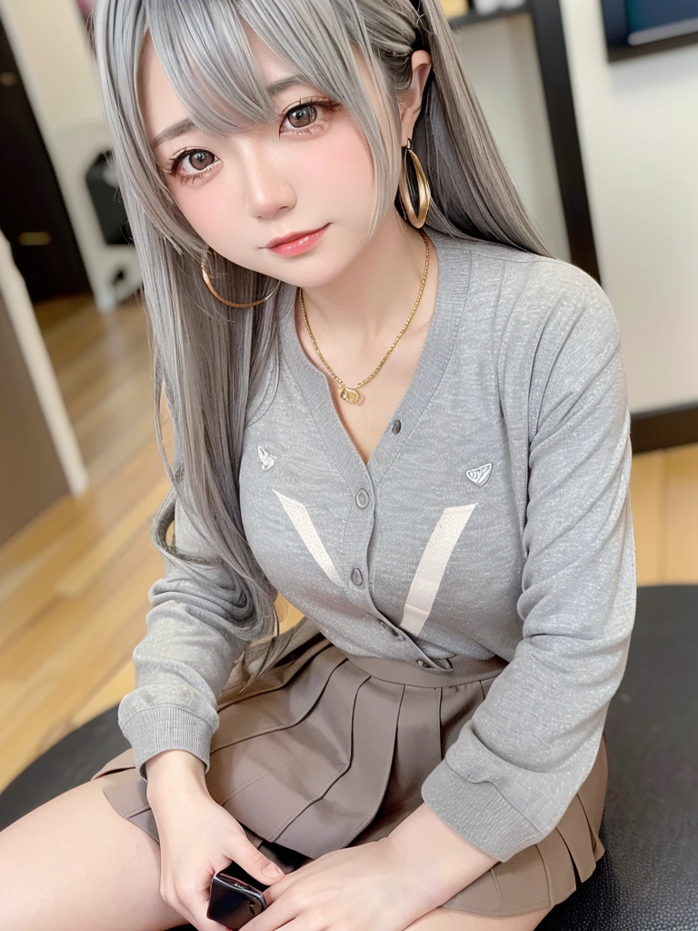 8K, RAW Photos, Fujifilm, Beautiful 20 year old woman style photo, (((Gray Hair:1.3,美しいGray Hairのストレートヘアー、シルキーなGray Hair)))、(((Anime Cosplay:1.5、な服))) Gold earrings, (Highly detailed skin: 1.2), Light medium brown hair, Film Grain, 35mm, Cute Style、(((Sitting 1.5)))、Selfie、Spread your legs、sexytic、Upward glance、Top View、skirt