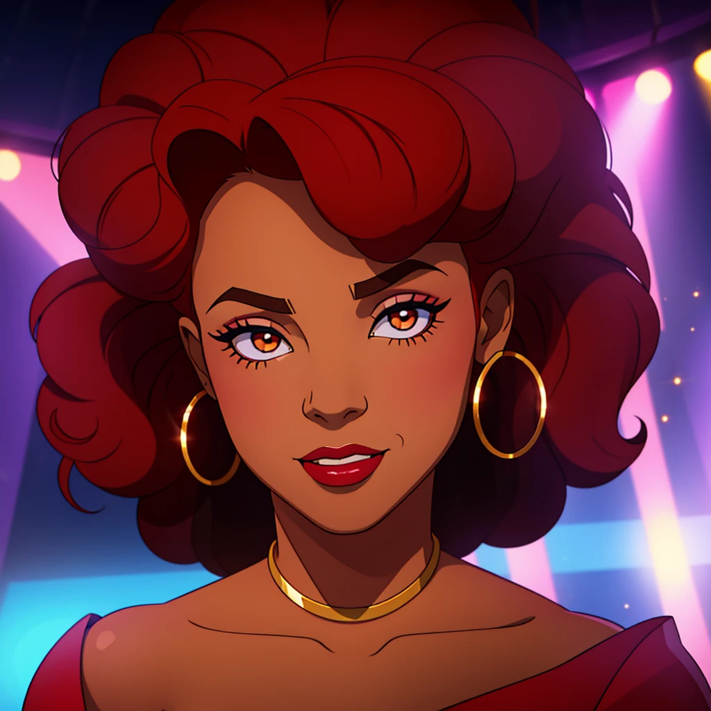 Create a close-up face portrait of a fictional 1970s African-American female R&B superstar named Ruby Roux. She has vibrant red curly hair, expressive brown eyes, and a radiant smile. Ruby wears bold makeup typical of the 1970s, including dramatic eyeliner and red lipstick. She is adorned with large hoop earrings and a glittery outfit that reflects the flashy style of the era. The background should feature a blurred colorful stage with vintage lights, adding to the retro and glamorous atmosphere. cinematic action, cinematic lighting, backlighting, masterpiece, anatomically correct, textured skin, super detail, 8k atmospheric perspective, depth of field,