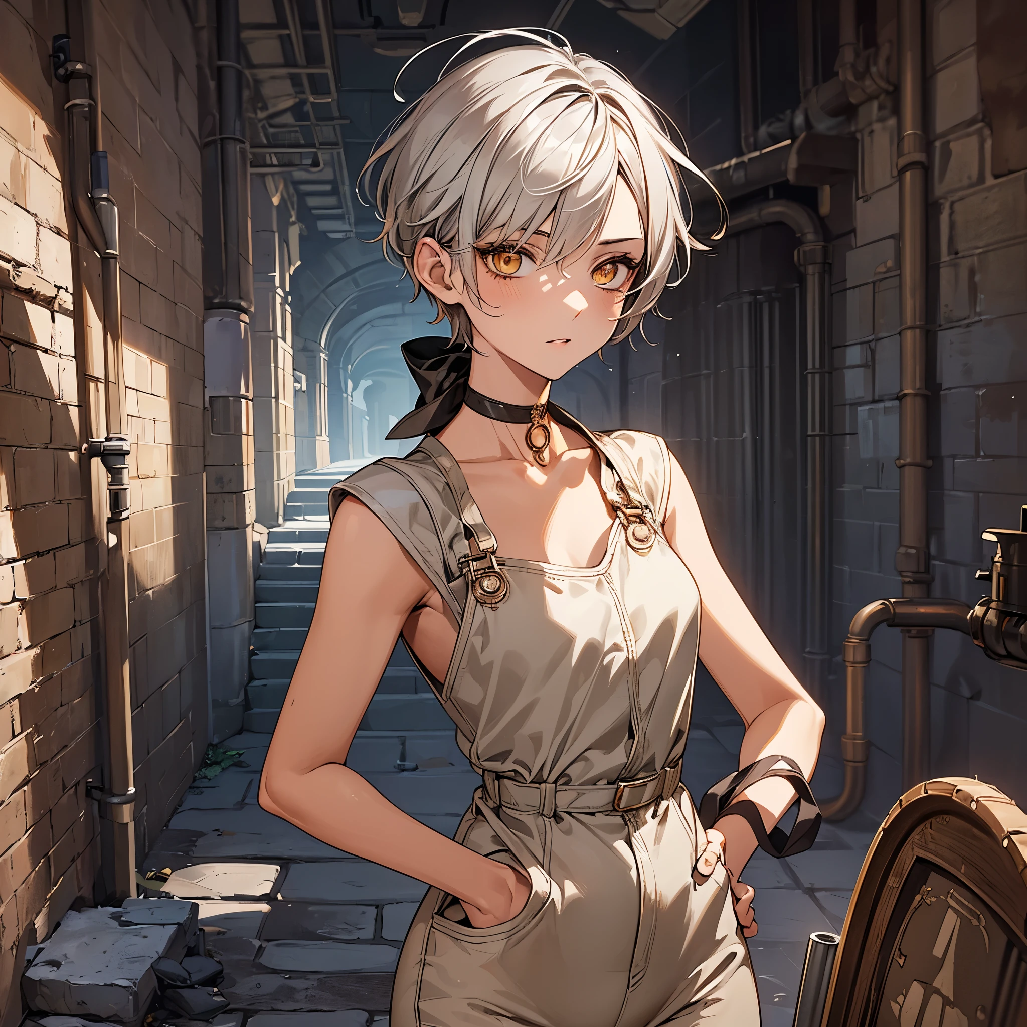 masterpiece, Highest quality, Perfect Face, Highest Resolution, Highest quality,Detailed depiction of the eyes, 1 girl, young, slender body, Short, deep tan skin, slate gray hair, short hair, upturned eyes, Yellow Orange eyes, Perfect Anatomy, steampunk, ribbon choker, coveralls, undercity Brick Sewer pipes,