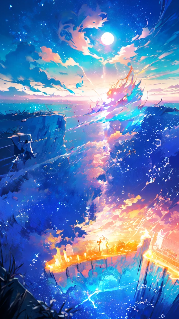 -scenery, 1girl, sky, Star (sky), Highest Resolution、Sunlight from above, night, 独奏,Fine starry sky、 city lights, Starry sky, Fine bubbles、night sky, bubble, moon, watercraft, outdoors, short hair, ocean, cloud,coloured glaze,