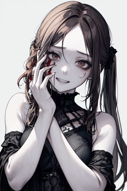 (masterpiece:1.2, Highest quality), (Actual Photos, Intricate details), (1 female, alone, Upper Body, Small breasts) ,Eyes Wide Open、Scary atmosphere、Distorted facial expressions、Twisted Smile、Blood from the head、Blood splatter、whole body、Punk Fashion、Long Hair、Long bangs、Twin tails、Black Hair、(((Dark circles under the eyes)))、Pale skin、Feeling unwell、Pathological、Wicked Smile、Crazy Eyes、(Grin)Dramatic makeup,Create mixed media art、White Background