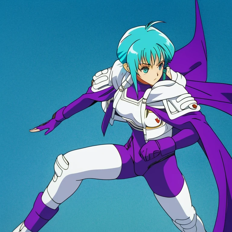 Karin Aoi, teal hair, solo, 1girl, purple cape, purple bodysuit, White Pauldrons, White breastplate, Asymmetrical legwear, White thighhighs, hood down