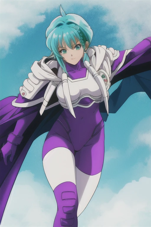 Karin Aoi, teal hair, solo, 1girl, purple cape, purple bodysuit, White Pauldrons, White breastplate, Asymmetrical legwear, White thighhighs, hood down