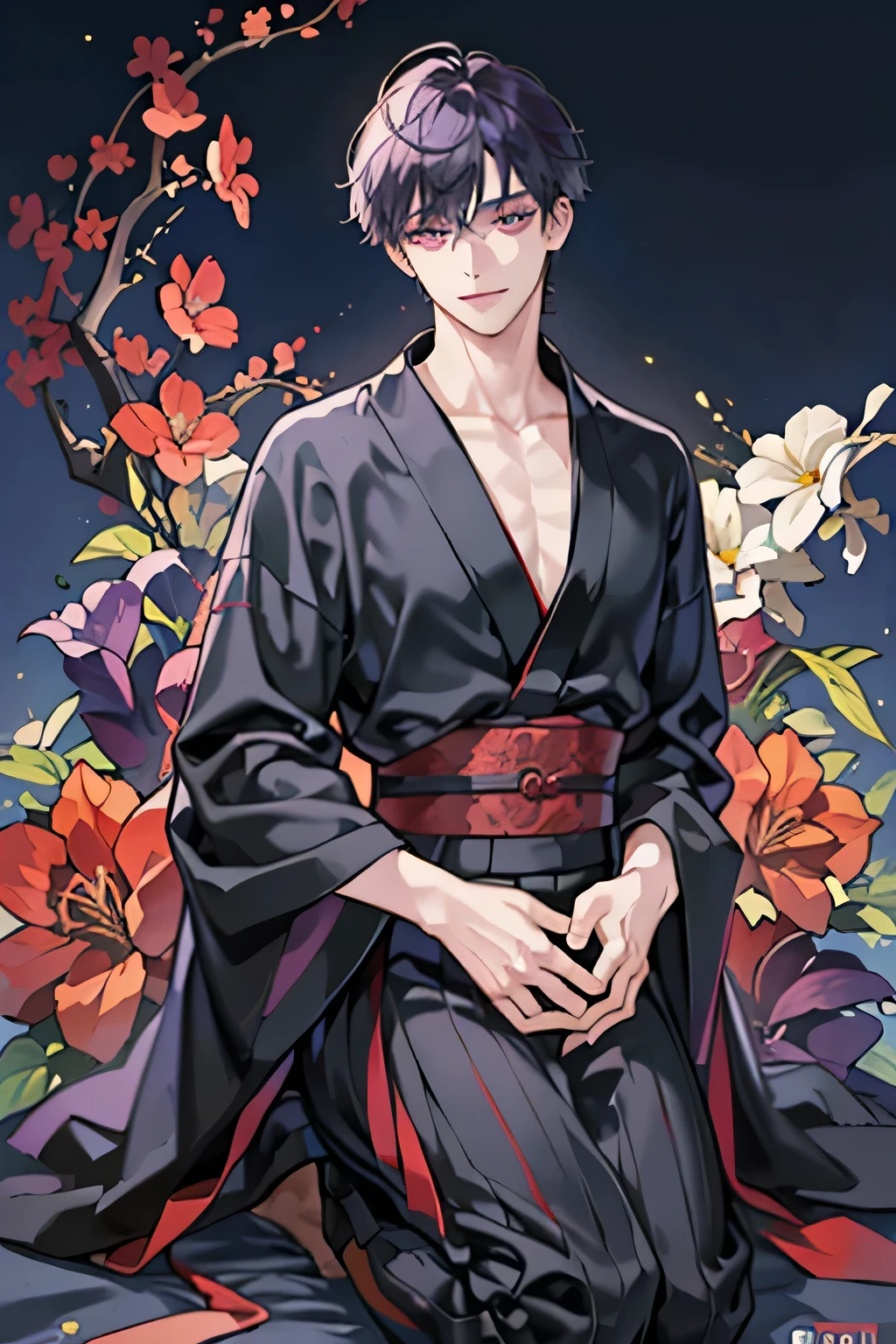 **full body, 1 boy, summer sky ,short hair,highest quality, Superlative, detailed Nadityr, male, male, fair skin, neckline, dark purple color hair, black,yukata with cluster amaryllis in black letters,sagging eyebrows, violet color eyes, mullet hairstyle, scarlet colored inner hair, flipped hair , smile face
