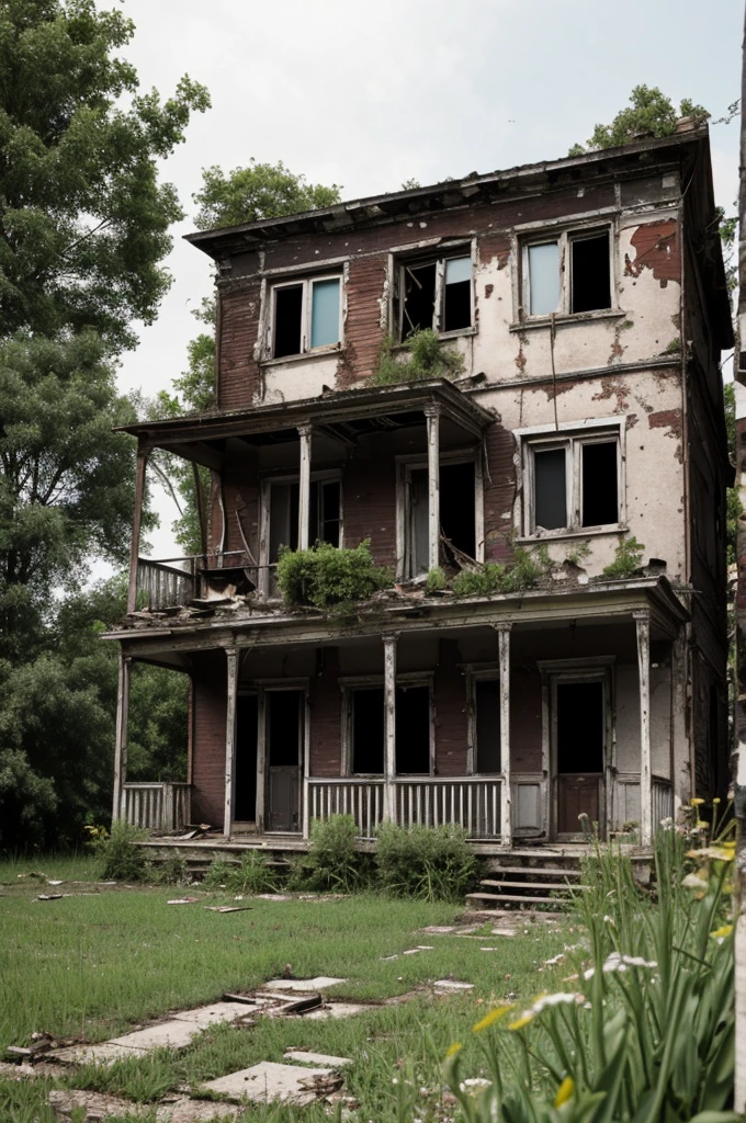 Image of an old and deteriorated house, with broken windows and weeds growing everywhere]